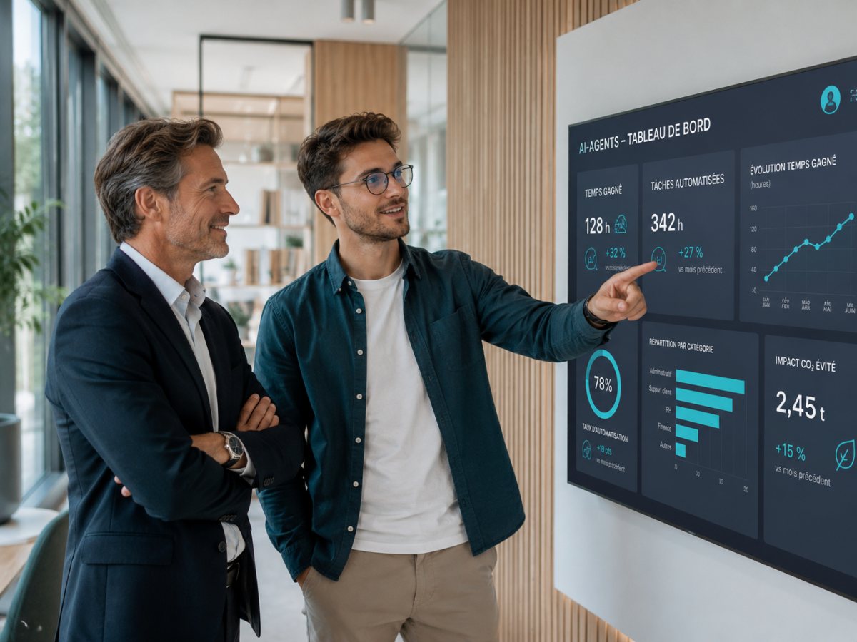 Un dirigeant et un consultant iawork devant un tableau de bord d'agents IA en fonctionnement